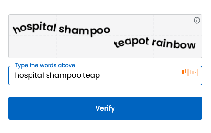 Product image of Verify 2FA where a user is asked to type four words from an image and then a "Verify" button for next step. 